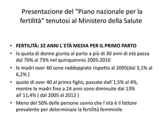 Presentazione del “Piano nazionale per la
fertilità” tenutosi al Ministero della Salute
• FERTILITÀ: 32 ANNI L`ETÀ MEDIA PER IL PRIMO PARTO
• la quota di donne giunta al parto a più di 30 anni di età passa
dal 70% al 73% nel quinquennio 2005-2010
• le madri over 40 sono raddoppiate rispetto al 2005(dal 3,1% al
6,2% )
• quote di over 40 al primo figlio, passate dall`1,5% al 4%,
mentre le madri fino a 24 anni sono diminuite dal 13%
all`11,4% ( dal 2005 al 2012 )
• Meno del 50% delle persone sanno che l`età è il fattore
prevalente per determinare la fertilità femminile
 