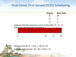 First-Come, First-Served (FCFS) Scheduling Process Burst Time P 1 24   P 2   3   P 3   3   Suppose that the processes arrive in the order:  P 1  ,  P 2  ,  P 3  The Gantt Chart for the schedule is: Waiting time for  P 1   = 0;  P 2   = 24;  P 3  = 27 Average waiting time:  (0 + 24 + 27)/3 = 17 09/16/10 P 1 P 2 P 3 24 27 30 0 