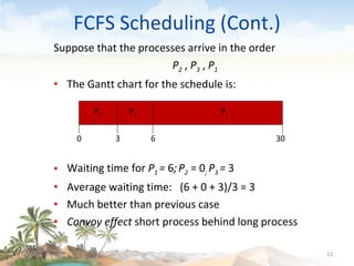 FCFS Scheduling (Cont.) Suppose that the processes arrive in the order   P 2  ,  P 3  ,  P 1   The Gantt chart for the schedule is: Waiting time for  P 1  =  6 ;   P 2  = 0 ;  P 3  =  3 Average waiting time:  (6 + 0 + 3)/3 = 3 Much better than previous case Convoy effect  short process behind long process 09/16/10 P 1 P 3 P 2 6 3 30 0 
