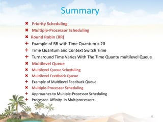Priority Scheduling Multiple-Processor Scheduling Round Robin (RR) Example of RR with Time Quantum = 20 Time Quantum and Context Switch Time Turnaround Time Varies With The Time Quantu multilevel Queue Multilevel Queue Multilevel Queue Scheduling Multilevel Feedback Queue Example of Multilevel Feedback Queue Multiple-Processor Scheduling Approaches to Multiple-Processor Scheduling  Processor  Affinity  in Multiprocessors Summary 09/16/10 