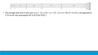 • The average wait time in this case is ( ( 5 - 3 ) + ( 10 - 1 ) + ( 17 - 2 ) ) / 4 = 26 / 4 = 6.5 ms. ( As opposed to
7.75 ms for non-preemptive SJF or 8.75 for FCFS. )
 