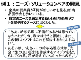 例１：ニーズ・ソリューションペアの発見
• 企業の従業員が「何が新しいかを見る」新商
品展示会を歩いている。
• 特定のニーズを満足する新しい給与処理ソフ
トを提供するブースに出くわした。
• “ああ - 給与処理に不備があるとは思ってい
なかったが、今、我々はそうと認識し、また、
この新しいソフトはこれを解決するかもしれな
い”。
• あるいは、 “ああ - この給与処理方式は、完
全に別の良い設計を作成するアイデアをもた
らしてくれる。私が考えていなかったものを。"14
 