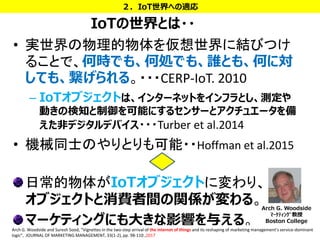 IoTの世界とは・・
• 実世界の物理的物体を仮想世界に結びつけ
ることで、何時でも、何処でも、誰とも、何に対
しても、繋げられる。・・・CERP-IoT. 2010
– IoTオブジェクトは、インターネットをインフラとし、測定や
動きの検知と制御を可能にするセンサーとアクチュエータを備
えた非デジタルデバイス・・・Turber et al.2014
• 機械同士のやりとりも可能・・Hoffman et al.2015
日常的物体がIoTオブジェクトに変わり、
オブジェクトと消費者間の関係が変わる。
マーケティングにも大きな影響を与える。
２．IoT世界への適応
20
Arch G. Woodside
ﾏｰｹﾃｨﾝｸﾞ教授
Boston College
Arch G. Woodside and Suresh Sood, “Vignettes in the two-step arrival of the internet of things and its reshaping of marketing management’s service-dominant
logic”, JOURNAL OF MARKETING MANAGEMENT, 33(1-2), pp. 98-110 ,2017
 