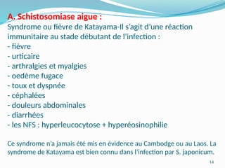 14
A. Schistosomiase aigue :
Syndrome ou fièvre de Katayama-Il s’agit d’une réaction
immunitaire au stade débutant de l’infection :
- fièvre
- urticaire
- arthralgies et myalgies
- oedème fugace
- toux et dyspnée
- céphalées
- douleurs abdominales
- diarrhées
- les NFS : hyperleucocytose + hyperéosinophilie
Ce syndrome n’a jamais été mis en évidence au Cambodge ou au Laos. La
syndrome de Katayama est bien connu dans l’infection par S. japonicum.
 