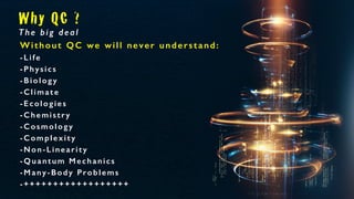 Why QC ?
The big deal
Without QC we will never understand:
-Life
-Physics
-Biology
-Climate
-Ecologies
-Chemistry
-Cosmology
-Complexity
-Non-Linearity
-Quantum Mechanics
-Many-Body Problems
-++++++++++++++++++
 