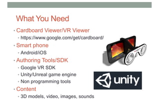 What You Need
• Cardboard Viewer/VR Viewer
• https://www.google.com/get/cardboard/
• Smart phone
• Android/iOS
• Authoring Tools/SDK
• Google VR SDK
• Unity/Unreal game engine
• Non programming tools
• Content
• 3D models, video, images, sounds
 