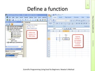 Scientific Programming Using Excel for Beginners: Newton's Method
Define a function
5/2/2016
20
http://www.rizauddin.com
 