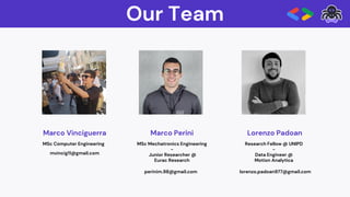 Our Team
Marco Perini Lorenzo Padoan
MSc Mechatronics Engineering
-
Junior Researcher @
Eurac Research
Research Fellow @ UNIPD
-
Data Engineer @
Motion Analytica
Marco Vinciguerra
MSc Computer Engineering
mvincig11@gmail.com
perinim.98@gmail.com lorenzo.padoan977@gmail.com
 
