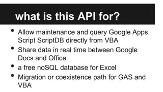 what is this API for?

•
•
•
•

Allow maintenance and query Google Apps
Script ScriptDB directly from VBA
Share data in real time between Google
Docs and Office
a free noSQL database for Excel
Migration or coexistence path for GAS and
VBA

 
