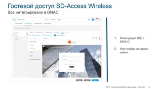 © 2017 Cisco and/or its affiliates. All rights reserved. Cisco Public
Гостевой доступ SD-Access Wireless
Все интегрировано в DNAC
1. Интеграция ISE и
DNA-C
2. Настройка «в одном
окне»
84
 