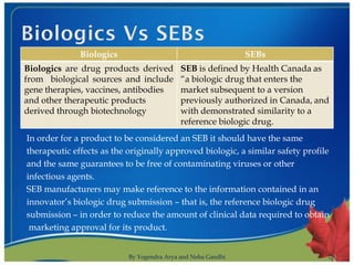 Biologics                                       SEBs
Biologics are drug products derived         SEB is defined by Health Canada as
from biological sources and include         “a biologic drug that enters the
gene therapies, vaccines, antibodies        market subsequent to a version
and other therapeutic products              previously authorized in Canada, and
derived through biotechnology               with demonstrated similarity to a
                                            reference biologic drug.
In order for a product to be considered an SEB it should have the same
therapeutic effects as the originally approved biologic, a similar safety profile
and the same guarantees to be free of contaminating viruses or other
infectious agents.
SEB manufacturers may make reference to the information contained in an
innovator’s biologic drug submission – that is, the reference biologic drug
submission – in order to reduce the amount of clinical data required to obtain
 marketing approval for its product.


                           By Yogendra Arya and Neha Gandhi                         3
 