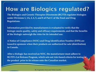 The Biologics and Genetic Therapies Directorate (BGTD) regulates biologics
under Divisions 1, 1A, 2, 4, 5, and 8 of Part C of the Food and Drug
Regulations.

Information provided by manufacturers is evaluated to verify that the
biologic meets quality, safety and efficacy requirements, and that the benefits
of the biologic outweigh the risks for its intended use.

A Notice of Compliance (NOC) and Drug Identification Number (DIN) are
issued to sponsors when their products are authorized for sale (distribution)
in Canada.

After a biologic has received an NOC, the manufacturer must adhere to
BGTD's Lot Release Program, which sets out risk-based criteria for testing of
the product prior to its release onto the Canadian market.



                           By Yogendra Arya and Neha Gandhi                       4
 