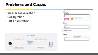 Problems and Causes
• Weak Input Validation
• SQL Injection
• URL Enumeration
 