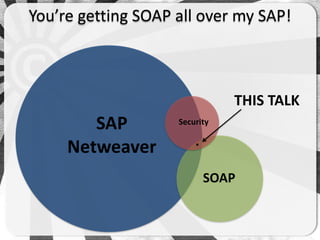 You’re getting SOAP all over my SAP!



                               THIS TALK
        SAP         Security


     Netweaver          .

                            SOAP
 