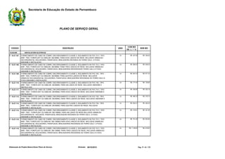 Secretaria de Educação do Estado de Pernambuco
PLANO DE SERVIÇO GERAL
CÓDIGO UNID.
COM BDI
DE 22,77 %
SEM BDIDESCRIÇÃO
18.00.000 INSTALACOES ELETRICAS
UnFORNECIMENTO DE CABO DE COBRE, ENCORDOAMENTO CLASSE 2, ISOLAMENTO DE PVC 70 C, TIPO
BWF, 750V, FOREPLAST OU SIMILAR, SM-6MM2, PARA DOIS LANCES DE REDE, INCLUSIVE ARMACAO
SECUNDARIA B2, ISOLADORES, PARAFUSOS, BRACADEIRA REDONDA DE FERRO GALV. A FOGO,
ANDAIME E INSTALACAO.
18.27.107 R$ 427,48 R$ 348,20E
UnFORNECIMENTO DE CABO DE COBRE, ENCORDOAMENTO CLASSE 2, ISOLAMENTO DE PVC 70 C, TIPO
BWF, 750V, FOREPLAST OU SIMILAR, SM-6MM2, PARA TRES LANCES DE REDE, INCLUSIVE ARMACAO
SECUNDARIA B3, ISOLADORES, PARAFUSOS, BRACADEIRAS REDONDASDE FERRO GALV.A FOGO,
ANDAIME E INSTALACAO
18.27.108 R$ 658,32 R$ 536,23E
UnFORNECIMENTO DE CABO DE COBRE, ENCORDOAMENTO CLASSE 2, ISOLAMENTO DE PVC 70C, TIPO
BWF, 750V, FOREPLAST OU SIMILAR, SM-6MM2, PARA QUATRO LANCES DE REDE, INCLUSIVE
ARMACAO SECUNDARIA B4, ISOLADORES, PARAFUSOS, BRACADEIRAS REDONDAS DE FERRO GALV.A
FOGO,ANDAIME E INSTALAÇÃO.
18.27.109 R$ 824,19 R$ 671,33E
UnFORNECIMENTO DE CABO DE COBRE, ENCORDOAMENTO CLASSE 2, ISOLAMENTO DE PVC 70C, TIPO
BWF, 750V - FOREPLAST OU SIMILAR, SM-6MM2, PARA UM LANCE DE REDE, INCLUSIVE ANDAIME E
INSTALA CAO.
18.27.110 R$ 171,44 R$ 139,65E
UnFORNECIMENTO DE CABO DE COBRE, ENCORDOAMENTO CLASSE 2, ISOLAMENTO DE PVC 70 C, TIPO
BWF, 750V - FOREPLAST OU SIMILAR, SM-6MM2, PARA DOIS LANCES DE REDE, INCLUSIVE ANDAIME E
INSTALACAO.
18.27.111 R$ 309,56 R$ 252,15E
UnFORNECIMENTO DE CABO DE COBRE, ENCORDOAMENTO CLASSE 2, ISOLAMENTO DE PVC 70C, TIPO
BWF, 750V - FOREPLAST OU SIMILAR, SM-6MM2, PARA TRES LANCES DE REDE, INCLUSIVE ANDAIME E
INSTALACAO.
18.27.112 R$ 466,19 R$ 379,73E
UnFORNECIMENTO DE CABO DE COBRE, ENCORDOAMENTO CLASSE 2, ISOLAMENTO DE PVC 70C, TIPO
BWF, 750V - FOREPLAST OU SIMILAR, SM-6MM2, PARA QUATRO LANCES DE REDE, INCLUSIVE
ANDAIME E INSTALACAO.
18.27.113 R$ 604,31 R$ 492,23E
UnFORNECIMENTO DE CABO DE COBRE, ENCORDOAMENTO CLASSE 2, ISOLAMENTO DE PVC 70 C, TIPO
BWF, 750V - FOREPLAST OU SIMILAR, SM-10MM2, PARA UM LANCE DE REDE,INCLUSIVE ARMACAO
SECUNDARIA B1, ISOLADOR, PARAFUSOS, BRACADEIRA REDONDA DE FERRO GALV. A FOGO,
ANDAIME E INSTALACAO.
18.27.114 R$ 419,81 R$ 341,95E
UnFORNECIMENTO DE CABO DE COBRE, ENCORDOAMENTO CLASSE 2, ISOLAMENTO DE PVC 70 C, TIPO
BWF, 750V, FOREPLAST OU SIMILAR, SM-10MM2,PARA DOIS LANCES DE REDE, INCLUSIVE ARMACAO
SECUNDARIA B2, ISOLADORES, PARAFUSOS, BRACADEIRAS REDONDAS DE FERRO GALV. A FOGO,
ANDAIME E INSTALACAO.
18.27.115 R$ 741,28 R$ 603,80E
UnFORNECIMENTO DE CABO DE COBRE, ENCORDOAMENTO CLASSE 2, ISOLAMENTO DE PVC 70 C, TIPO
BWF, 750V, FOREPLAST OU SIMILAR, SM-10MM2, PARA TRES LANCES DE REDE, INCLUSIVE ARMACAO
SECUNDARIA B3, ISOLADORES, PARAFUSOS, BRACADEIRAS REDONDAS DE FERRO GALV.A FOGO,
ANDAIME E INSTALACAO.
18.27.116 R$ 1.129,02 R$ 919,63E
Elaboração de Projeto Básico/Gerar Plano de Serviço Emissão: 09/10/2015 Pág. 91 de 136
 