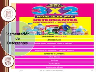 TAREA DE LAVADO: TRASTES VS. ROPA
MÉTODO DE LAVADO:
Manual (Alto en "espumosidad" y medio en "delicadeza")
vs.
Maquina (bajo en "espumosidad" y "delicadeza" indistinta)
DETERGENTES DE LAVANDERÍA:
Colores Brillantes
Anti Grasa
Manchas Difíciles
Suaves, aromas delicadas
Segmentación
M.A. VICTOR MANUEL JAEN HERNANDEZ 69
5/9/201
de
Detergentes
 