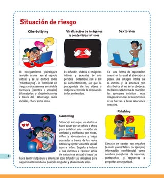 8
Ciberbullying
El hostigamiento psicológico
también ocurre en el espacio
virtual y se le conoce como
“ciberbullying”. Es hostilizar sin
tregua a una persona enviándole
mensajes (escritos o visuales)
difamatorios y discriminatorios
a través del Whatsapp, redes
sociales, chats, entre otros.
Situación de riesgo
Consiste en captar con engaños
(e-mailsywebsfalsas,porejemplo)
información confidencial como
nombres completos de usuarios,
contraseñas, y respuestas a
preguntas de seguridad.
Sextorsion
Es una forma de explotación
sexual en la cual el chantajista
posee una imagen íntima de
la víctima y la amenaza con
distribuirla si no se le obedece.
Mediante esta forma de coacción
los agresores solicitan más
imágenes íntimas de sus víctimas
o las fuerzan a tener relaciones
sexuales.
Grooming
Viralización de imágenes
y contenidos íntimos
Situación en la que un adulto se
hace pasar por un chico o chica
para entablar una relación de
amistad y confianza con niñas,
niños y adolescentes y luego
acosarlos a través de las redes
socialesyejercerviolenciasexual
contra ellos. Engaña e induce
a sus víctimas a realizar actos
de naturaleza sexual y luego las
hace sentir culpables y amenazan con difundir las imágenes para
seguir manteniendo su posición de poder y abusando de ellos.
Es difundir videos o imágenes
íntimas y sexuales de una
persona obtenidos con o sin
su consentimiento, sin que la
protagonista de los videos o
imágenes controle la circulación
de los contenidos.
Phishing
fea
flaca
tonta
 