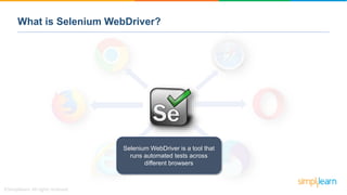 What is Selenium WebDriver?
Selenium WebDriver is a tool that
runs automated tests across
different browsers
 