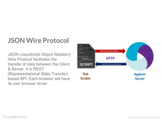 JSON Wire Protocol
JSON (JavaScript Object Notation)
Wire Protocol facilitates the
transfer of data between the Client
& Server. It is REST
(Representational State Transfer)
based API. Each browser will have
its own browser driver.
 