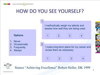 Options
1. Never
2. Occasionally
3. Frequently
4. Always
I methodically weigh my talents and
assess how well they are being used
1 2 43
1
2
1 432
I make long-term plans for my career and
revise them as necessary
5
Source “Achieving Excellence” Robert Heller, DK 1999
HOW DO YOU SEE YOURSELF?
 