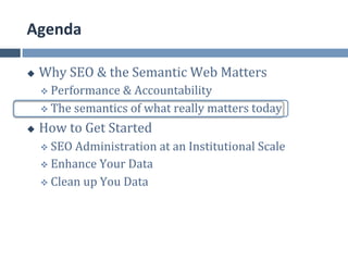 Agenda	
  

u    Why	
  SEO	
  &	
  the	
  Semantic	
  Web	
  Matters	
  
      v  Performance	
  &	
  Accountability	
  

      v  The	
  semantics	
  of	
  what	
  really	
  matters	
  today	
  

u    How	
  to	
  Get	
  Started	
  
      v  SEO	
  Administration	
  at	
  an	
  Institutional	
  Scale	
  
      v  Enhance	
  Your	
  Data	
  

      v  Clean	
  up	
  You	
  Data	
  
 