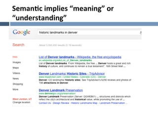 Seman.c	
  implies	
  “meaning”	
  or	
  
“understanding”	
  
 