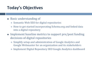 Today’s	
  Objec.ves	
  

u    Basic	
  understanding	
  of	
  
      v    Semantic	
  Web	
  SEO	
  for	
  digital	
  repositories	
  
      v    How	
  to	
  get	
  started	
  incorporating	
  Schema.org	
  and	
  linked	
  data	
  
            into	
  a	
  digital	
  repository	
  
u    Implement	
  baseline	
  metrics	
  to	
  support	
  pre/post	
  funding	
  
      decisions	
  of	
  digital	
  repositories	
  
      v    Simplify	
  setup	
  and	
  administration	
  of	
  Google	
  Analytics	
  and	
  
            Google	
  Webmaster	
  for	
  an	
  organization	
  and	
  its	
  stakeholders	
  
      v    Implement	
  Digital	
  Repository	
  SEO	
  Google	
  Analytics	
  dashboard	
  
 