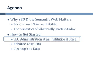 Agenda	
  

u    Why	
  SEO	
  &	
  the	
  Semantic	
  Web	
  Matters	
  
      v  Performance	
  &	
  Accountability	
  

      v  The	
  semantics	
  of	
  what	
  really	
  matters	
  today	
  

u    How	
  to	
  Get	
  Started	
  
      v  SEO	
  Administration	
  at	
  an	
  Institutional	
  Scale	
  
      v  Enhance	
  Your	
  Data	
  

      v  Clean	
  up	
  You	
  Data	
  
 
