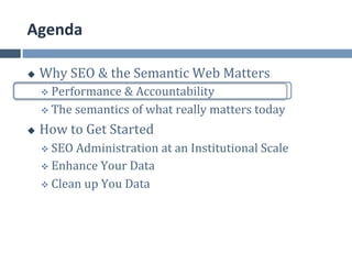 Agenda	
  

u    Why	
  SEO	
  &	
  the	
  Semantic	
  Web	
  Matters	
  
      v  Performance	
  &	
  Accountability	
  

      v  The	
  semantics	
  of	
  what	
  really	
  matters	
  today	
  

u    How	
  to	
  Get	
  Started	
  
      v  SEO	
  Administration	
  at	
  an	
  Institutional	
  Scale	
  
      v  Enhance	
  Your	
  Data	
  

      v  Clean	
  up	
  You	
  Data	
  
 