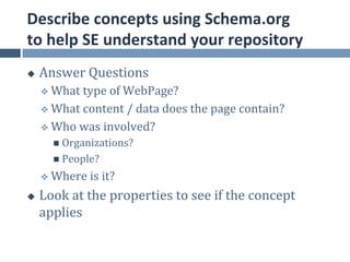 Describe	
  concepts	
  using	
  Schema.org	
  
to	
  help	
  SE	
  understand	
  your	
  repository	
  
u    Answer	
  Questions	
  
      v  What	
  type	
  of	
  WebPage?	
  

      v  What	
  content	
  /	
  data	
  does	
  the	
  page	
  contain?	
  

      v  Who	
  was	
  involved?	
  	
  
          n  Organizations?	
  
          n  People?	
  

      v  Where	
  is	
  it?	
  

u    Look	
  at	
  the	
  properties	
  to	
  see	
  if	
  the	
  concept	
  
      applies	
  
 
