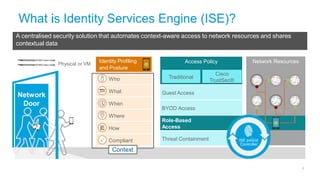 Identity Profiling Access Policy Network Resources
and Posture
Traditional
Cisco
TrustSec®
BYOD Access
Threat Containment
Guest Access
Role-Based
Access
Who
 Compliant
What
When
Where
How
A centralised security solution that automates context-aware access to network resources and shares
contextual data
Network
Door
Physical or VM
Controller
Context
ISE pxGrid
7
 