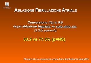 AABLAZIONEBLAZIONE FFIBRILLAZIONEIBRILLAZIONE AATRIALETRIALE
• 83.2 vs 77.5% (p=NS)83.2 vs 77.5% (p=NS)
ConversioneConversione (%)(%) in RSin RS
dopo ablazionedopo ablazione biatrialebiatriale vsvs solo atrio sinsolo atrio sin..
(3,832 pazienti)(3,832 pazienti)
Khargi K et al, a systematic review, Eur J Cardiothorac Surg 2005Khargi K et al, a systematic review, Eur J Cardiothorac Surg 2005
TOR VERGATATOR VERGATA
 