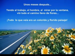 Unos meses después... Yendo al trabajo, el hombre, al  mirar por la ventana, vió todo el camino lleno de flores... ¡Todo  lo que veía era un colorido y florido paisaje!  