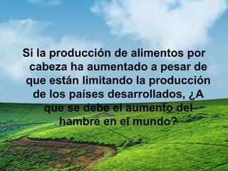 Si la producción de alimentos por
cabeza ha aumentado a pesar de
que están limitando la producción
de los países desarrollados, ¿A
que se debe el aumento del
hambre en el mundo?
 