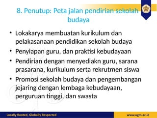 8. Penutup: Peta jalan pendirian sekolah
budaya
• Lokakarya membuatan kurikulum dan
pelakasanaan pendidikan sekolah budaya
• Penyiapan guru, dan praktisi kebudayaan
• Pendirian dengan menyediakn guru, sarana
prasarana, kurikulum serta rekrutmen siswa
• Promosi sekolah budaya dan pengembangan
jejaring dengan lembaga kebudayaan,
perguruan tinggi, dan swasta
 