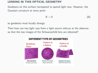 LENSING IN THIS OPTICAL GEOMETRY
Geodesics on this surface correspond to spatial light rays. However, the
Gaussian curvature at every point
K < 0 (8)
so geodesics must locally diverge.
Then how can two light rays from a light source refocus at the observer,
so that the two images of the Schwarzschild lens are obtained?
 