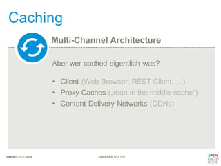 Multi-Channel Architecture
Caching
#WISSENTEILEN
Aber wer cached eigentlich was?
• Client (Web Browser, REST Client, ...)
• Proxy Caches („man in the middle cache“)
• Content Delivery Networks (CDNs)
 