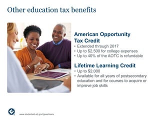 Other education tax benefits
American Opportunity
Tax Credit
• Extended through 2017
• Up to $2,500 for college expenses
• Up to 40% of the AOTC is refundable
Lifetime Learning Credit
• Up to $2,000
• Available for all years of postsecondary
education and for courses to acquire or
improve job skills
www.studentaid.ed.gov/types/loans
 