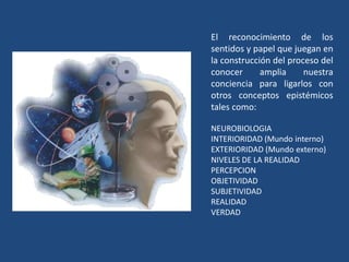 El reconocimiento de los
sentidos y papel que juegan en
la construcción del proceso del
conocer
amplia
nuestra
conciencia para ligarlos con
otros conceptos epistémicos
tales como:
NEUROBIOLOGIA
INTERIORIDAD (Mundo interno)
EXTERIORIDAD (Mundo externo)
NIVELES DE LA REALIDAD
PERCEPCION
OBJETIVIDAD
SUBJETIVIDAD
REALIDAD
VERDAD

 