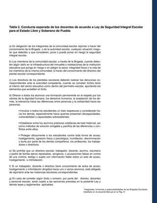 Tabla 2. Conducta esperada de los docentes de acuerdo a Ley de Seguridad Integral Escolar
para el Estado Libre y Soberano de Puebla
a) Es obligación de los integrantes de la comunidad escolar reportar o hacer del
conocimiento de la Brigada o de la autoridad escolar, cualquier situación irregu-
lar que detecten y que consideren, pone o puede poner en riesgo la seguridad
integral escolar.
b) Los miembros de la comunidad escolar, a través de la Brigada, cuando detec-
ten algún daño en la infraestructura del inmueble o instalaciones de la institución
educativa que ponga en riesgo o en peligro la salud, integridad física o la vida de
los miembros de la misma comunidad, lo harán del conocimiento del directivo del
plantel escolar correspondiente.
c) Los directivos de los planteles escolares deberán realizar las denuncias co-
rrespondientes ante la autoridad competente, cuando se cometan ilícitos tanto
al interior del centro educativo como dentro del perímetro escolar, aportando los
elementos que acrediten el ilícito.
d) Ofrecer a todos los alumnos una formación permanente en el respeto por los
valores de la dignidad humana, los derechos humanos, la aceptación de los de-
más, la tolerancia hacia las diferencias entre personas y la solidaridad hacia las
personas;
• Inculcar a todos los estudiantes un trato respetuoso y considerado ha-
cia los demás, especialmente hacia quienes presentan discapacidades,
vulnerabilidad o capacidades sobresalientes;
• Establecer entre los alumnos prácticas cotidianas de trato fraternal, así
como métodos de solución amigable y pacífica de las diferencias o con-
flictos entre ellos;
• Proteger eficazmente a los estudiantes contra toda forma de acoso,
hostigamiento, agresión física o psicológica, humillación, discriminación
o burla por parte de los demás compañeros, los profesores, los trabaja-
dores o directivos.
e) Se prohíbe que un directivo escolar, trabajador, docente, alumno, voluntario
o padre de familia ejerza represalias, venganza, o acusaciones falsas en contra
de una víctima, testigo o sujeto con información fiable sobre un acto de acoso,
hostigamiento o intimidación.
f) Si un trabajador, docente o directivo tiene conocimiento de actos de acoso,
hostigamiento o intimidación dirigidos hacia uno o varios alumnos, está obligado
de reportarlo ante las instancias escolares correspondientes.
g) En caso de cometer algún ilícito u omisión, por parte del director, docentes
y personal escolar, serán sujeto a las sanciones previstas en la presente Ley y
demás leyes y reglamentos aplicables.
*
Integrantes, funciones y responsabilidades de las Brigadas Escolares.
Datallado en el presente Manual en la Pág. 41
 