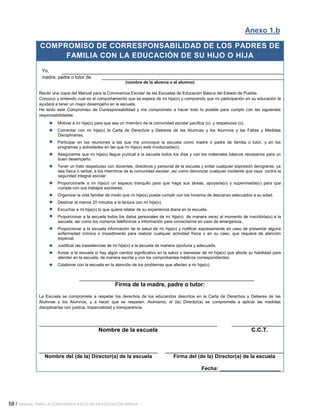 58 / MANUAL PARA LA CONVIVENCIA ESCOLAR EN EDUCACIÓN BÁSICA
Anexo 1.b
COMPROMISO DE CORRESPONSABILIDAD DE LOS PADRES DE
FAMILIA CON LA EDUCACIÓN DE SU HIJO O HIJA
Yo,
madre, padre o tutor de
(nombre de la alumna o el alumno)
Recibí una copia del Manual para la Convivencia Escolar de las Escuelas de Educación Básica del Estado de Puebla.
Conozco y entiendo cual es el comportamiento que se espera de mi hija(o) y comprendo que mi participación en su educación le
ayudará a tener un mejor desempeño en la escuela.
He leído este Compromiso de Corresponsabilidad y me comprometo a hacer todo lo posible para cumplir con las siguientes
responsabilidades:
Motivar a mi hija(o) para que sea un miembro de la comunidad escolar pacífica (o) y respetuosa (o).
Comentar con mi hija(o) la Carta de Derechos y Deberes de las Alumnas y los Alumnos y las Faltas y Medidas
Disciplinarias.
Participar en las reuniones a las que me convoque la escuela como madre o padre de familia o tutor, y en los
programas y actividades en las que mi hija(o) esté involucrada(o).
Asegurarme que mi hija(o) llegue puntual a la escuela todos los días y con los materiales básicos necesarios para un
buen desempeño.
Tener un trato respetuoso con docentes, directivos y personal de la escuela y evitar cualquier expresión denigrante, ya
sea física o verbal, a los miembros de la comunidad escolar, así como denunciar cualquier incidente que vaya contra la
seguridad integral escolar.
Proporcionarle a mi hija(o) un espacio tranquilo para que haga sus tareas, apoyarla(o) y supervisarla(o) para que
cumpla con sus trabajos escolares.
Organizar la vida familiar de modo que mi hija(o) pueda cumplir con los horarios de descanso adecuados a su edad.
Destinar al menos 20 minutos a la lectura con mi hija(o).
Escuchar a mi hija(o) lo que quiera relatar de su experiencia diaria en la escuela.
Proporcionar a la escuela todos los datos personales de mi hija(o) de manera veraz al momento de inscribirla(o) a la
escuela, así como los números telefónicos e información para contactarme en caso de emergencia.
Proporcionar a la escuela información de la salud de mi hija(o) y notificar expresamente en caso de presentar alguna
enfermedad crónica o impedimento para realizar cualquier actividad física o en su caso, que requiera de atención
especial.
Justificar las inasistencias de mi hija(o) a la escuela de manera oportuna y adecuada.
Avisar a la escuela si hay algún cambio significativo en la salud o bienestar de mi hija(o) que afecte su habilidad para
atender en la escuela, de manera escrita y con los comprobantes médicos correspondientes.
Colaborar con la escuela en la atención de los problemas que afecten a mi hija(o).
Firma de la madre, padre o tutor:
La Escuela se compromete a respetar los derechos de los educandos descritos en la Carta de Derechos y Deberes de las
Alumnas y los Alumnos, y a hacer que se respeten. Asimismo, el (la) Director(a) se compromete a aplicar las medidas
disciplinarias con justicia, imparcialidad y transparencia.
Nombre de la escuela C.C.T.
Nombre del (de la) Director(a) de la escuela Firma del (de la) Director(a) de la escuela
Fecha: _____________________
 
