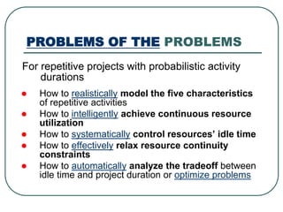 PROBLEMS OF THE PROBLEMS
 How to realistically model the five characteristics
of repetitive activities
 How to intelligently achieve continuous resource
utilization
 How to systematically control resources’ idle time
 How to effectively relax resource continuity
constraints
 How to automatically analyze the tradeoff between
idle time and project duration or optimize problems
For repetitive projects with probabilistic activity
durations
 