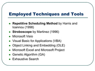 Employed Techniques and Tools
 Repetitive Scheduling Method by Harris and
Ioannou (1998)
 Stroboscope by Martinez (1996)
 Microsoft Visio
 Visual Basic for Applications (VBA)
 Object Linking and Embedding (OLE)
 Microsoft Excel and Microsoft Project
 Genetic Algorithm (GA)
 Exhaustive Search
 