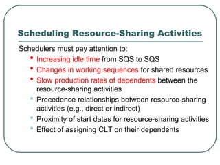 Scheduling Resource-Sharing Activities
Schedulers must pay attention to:
• Increasing idle time from SQS to SQS
• Changes in working sequences for shared resources
• Slow production rates of dependents between the
resource-sharing activities
• Precedence relationships between resource-sharing
activities (e.g., direct or indirect)
• Proximity of start dates for resource-sharing activities
• Effect of assigning CLT on their dependents
 