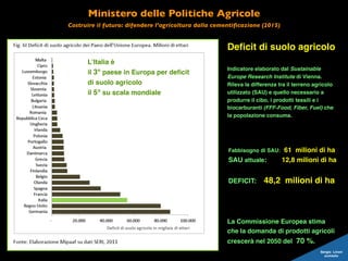 Ministero delle Politiche Agricole
Costruire il futuro: difendere l’agricoltura dalla cementiﬁcazione (2015)
Deﬁcit di suolo agricolo
Indicatore elaborato dal Sustainable
Europe Research Institute di Vienna.
Rileva la differenza tra il terreno agricolo
utilizzato (SAU) e quello necessario a
produrre il cibo, i prodotti tessili e i
biocarburanti (FFF-Food, Fiber, Fuel) che
la popolazione consuma.
L’Italia è
il 3° paese in Europa per deﬁcit
di suolo agricolo
il 5° su scala mondiale
Fabbisogno di SAU: 61 milioni di ha
SAU attuale: 12,8 milioni di ha
DEFICIT: 48,2 milioni di ha
La Commissione Europea stima
che la domanda di prodotti agricoli
crescerà nel 2050 del 70 %.
Sergio Lironi
architetto
 
