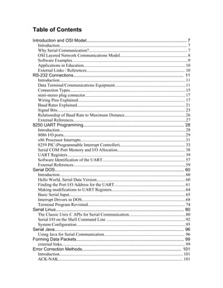 Table of Contents
Introduction and OSI Model................................................................................... 7
   Introduction..................................................................................................................... 7
   Why Serial Communication?.......................................................................................... 7
   OSI Layered Network Communications Model..............................................................8
   Software Examples..........................................................................................................9
   Applications in Education............................................................................................. 10
   External Links / References.......................................................................................... 10
RS-232 Connections........................................................................................... 11
   Introduction................................................................................................................... 11
   Data Terminal/Communications Equipment.................................................................11
   Connection Types..........................................................................................................15
   mini-stereo plug connector............................................................................................17
   Wiring Pins Explained.................................................................................................. 17
   Baud Rates Explained................................................................................................... 21
   Signal Bits..................................................................................................................... 23
   Relationship of Baud Rate to Maximum Distance........................................................26
   External References.......................................................................................................27
8250 UART Programming................................................................................... 28
   Introduction................................................................................................................... 28
   8086 I/O ports................................................................................................................29
   x86 Processor Interrupts................................................................................................31
   8259 PIC (Programmable Interrupt Controller)............................................................ 33
   Serial COM Port Memory and I/O Allocation.............................................................. 38
   UART Registers............................................................................................................ 39
   Software Identification of the UART............................................................................ 57
   External References.......................................................................................................59
Serial DOS........................................................................................................... 60
   Introduction................................................................................................................... 60
   Hello World, Serial Data Version................................................................................. 60
   Finding the Port I/O Address for the UART................................................................. 61
   Making modifications to UART Registers....................................................................64
   Basic Serial Input.......................................................................................................... 65
   Interrupt Drivers in DOS...............................................................................................68
   Terminal Program Revisited......................................................................................... 74
Serial Linux.......................................................................................................... 80
   The Classic Unix C APIs for Serial Communication....................................................80
   Serial I/O on the Shell Command Line ........................................................................ 92
   System Configuration....................................................................................................95
Serial Java........................................................................................................... 96
   Using Java for Serial Communication.......................................................................... 96
Forming Data Packets......................................................................................... 99
   external links................................................................................................................. 99
Error Correction Methods.................................................................................. 101
   Introduction................................................................................................................. 101
   ACK-NAK.................................................................................................................. 101
 
