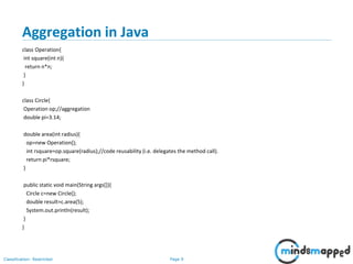 Page 9Classification: Restricted
Aggregation in Java
class Operation{
int square(int n){
return n*n;
}
}
class Circle{
Operation op;//aggregation
double pi=3.14;
double area(int radius){
op=new Operation();
int rsquare=op.square(radius);//code reusability (i.e. delegates the method call).
return pi*rsquare;
}
public static void main(String args[]){
Circle c=new Circle();
double result=c.area(5);
System.out.println(result);
}
}
 