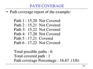 297297
PATH COVERAGE
• Path coverage report of the example:
Path 1 : 15,20 Not Covered
Path 2 : 15,21 Not Covered
Path 3: 15,22 Not Covered
Path 4: 17,20 Not Covered
Path 5 : 17,21 Covered
Path 6 : 17,22 Not Covered
Total possible paths : 6
Total covered path : 1
Path coverage Percentage : 16.67 (1/6)
 