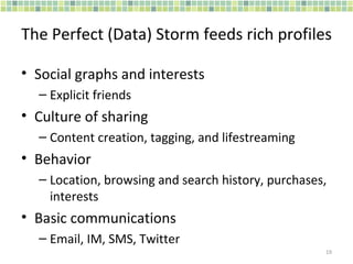 The Perfect (Data) Storm feeds rich profiles Social graphs and interests Explicit friends Culture of sharing Content creation, tagging, and lifestreaming Behavior Location, browsing and search history, purchases, interests Basic communications Email, IM, SMS, Twitter 