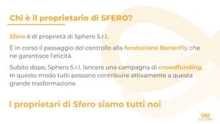 Chi è il proprietario di SFERO?
Sfero è di proprietà di Sphero S.r.l..
È in corso il passaggio del controllo alla fondazione BarterFly che
ne garantisce l'eticità.
Subito dopo, Sphero S.r.l. lancerà una campagna di crowdfunding.
In questo modo tutti possono contribuire attivamente a questa
grande trasformazione.
I proprietari di Sfero siamo tutti noi
 